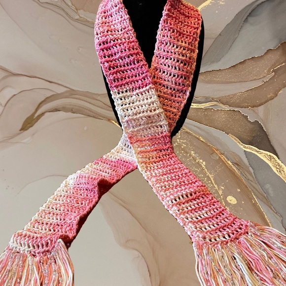 Elegant hand crocheted beaded scarf, os, different shades of pink and white. - Picture 1 of 5